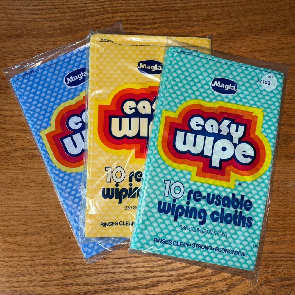 3-Vtg 1980s Magla Easy Wipe Wiping Cloths Lot Blue Yellow Teal NOS Sealed Prop